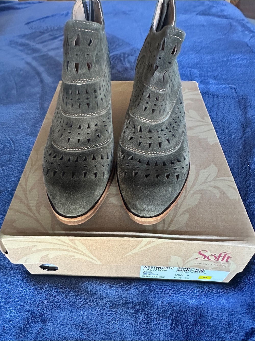 Sofft Olive Green Suede Perforated Ankle Booties